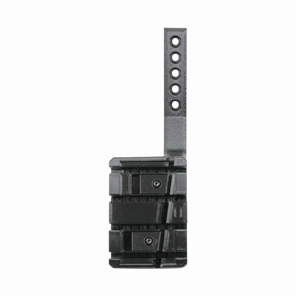 Black metal EveryAmp SnapPlate+ Base for Tesla Model S Plaid (2026), featuring a perforated vertical arm and a rectangular clamp section with two visible screws, designed for seamless vehicle mounting and shown isolated on a white background.