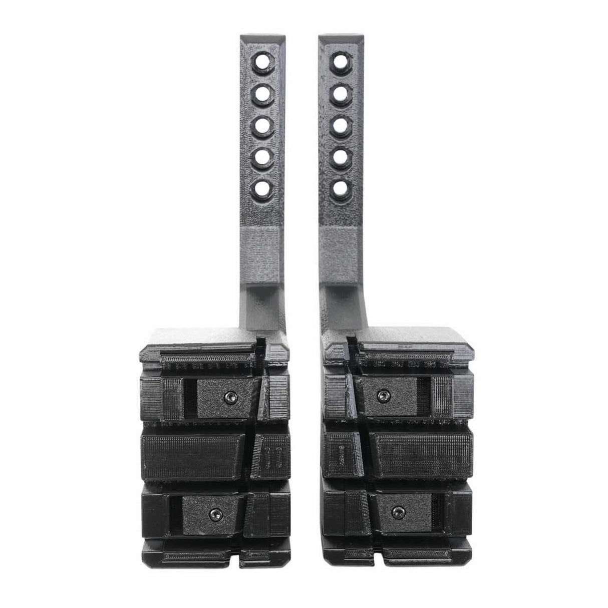 Two black metal SnapPlate+ Base brackets by EveryAmp, designed for the 2026 Tesla Model S bumper camera, shown side by side with rectangular clamps and multiple adjustment holes on a white background.