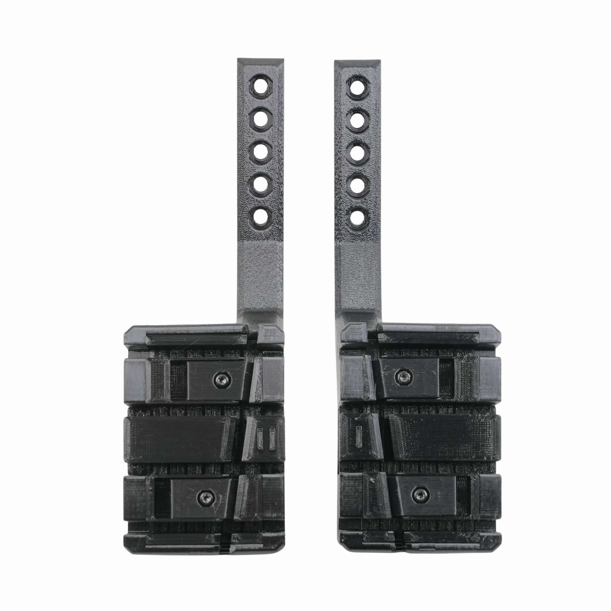 Two identical black plastic EveryAmp SnapPlate+ Base mounting brackets with vertical slotted arms, each featuring five adjustment holes and a rectangular base with multiple screws—ideal for securely installing a bumper camera or SnapPlate+ on your 2026 Tesla Model S Plaid.