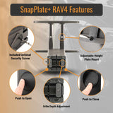 SnapPlate plus front license plate mounts for the 2019 and up Toyota RAV4 feature a simple pushbutton design with adjustable plate height and grille fit and an optional security screw