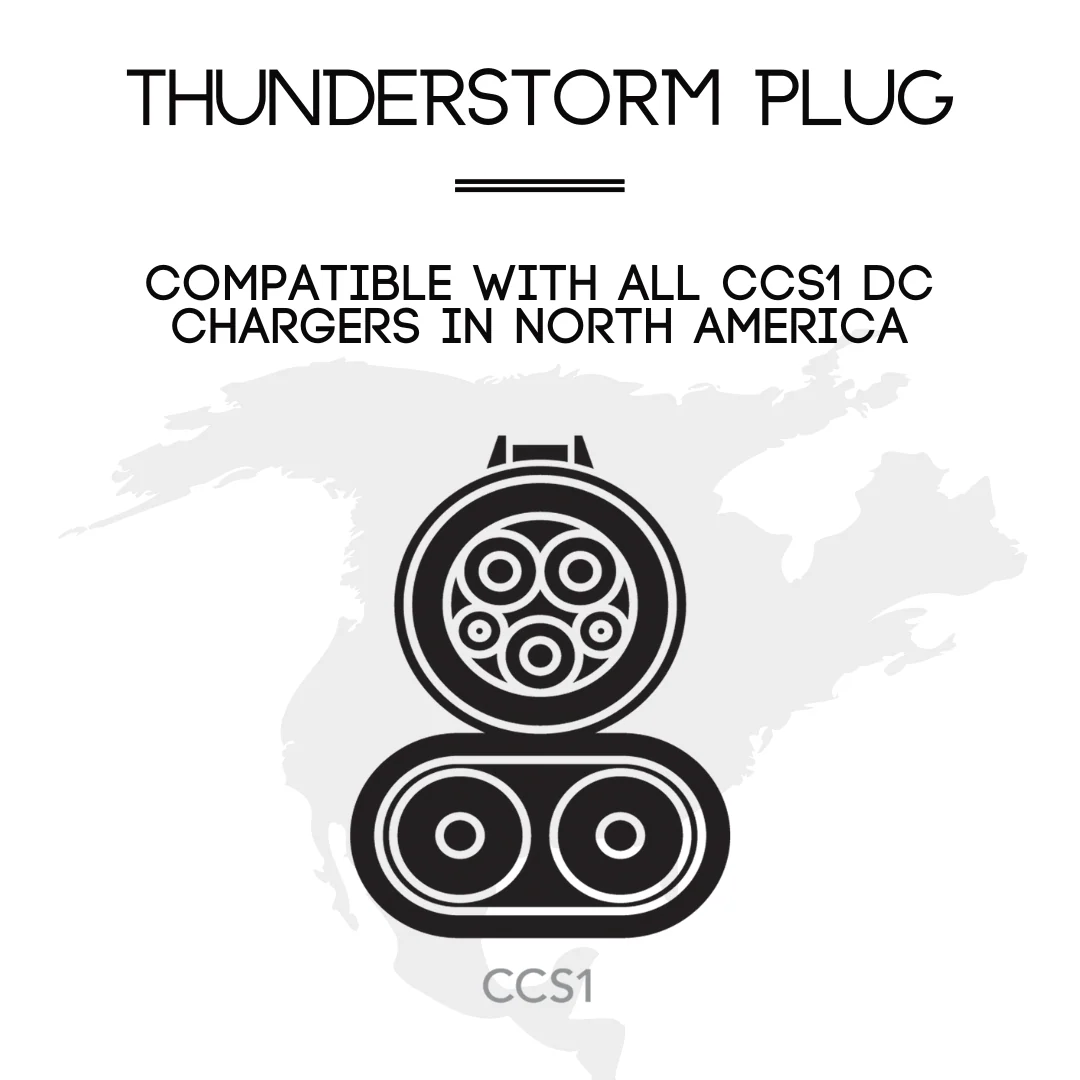 Black and white illustration of the A2Z CCS1 Charger to NACS Vehicle Adapter, labeled Thunderstorm Plug, showing compatibility with all CCS1 DC chargers in North America and support for Level 3 DC fast charging.
