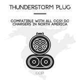 Black and white illustration of the A2Z CCS1 Charger to NACS Vehicle Adapter, labeled Thunderstorm Plug, showing compatibility with all CCS1 DC chargers in North America and support for Level 3 DC fast charging.