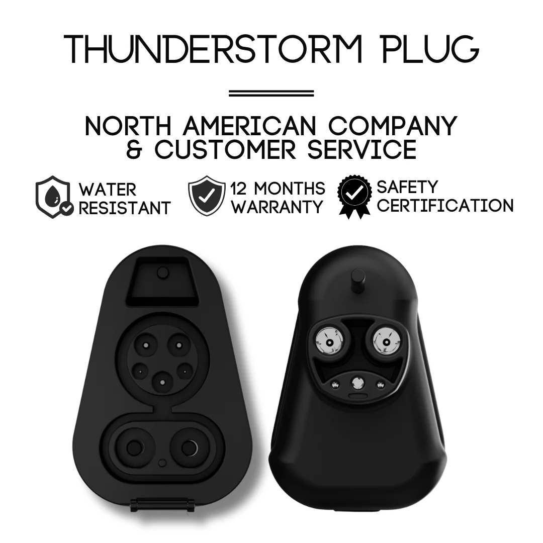 Two black A2Z CCS1 Charger to NACS Vehicle Adapters shown front and back, with icons for water resistance, 12-month warranty, safety certification, and Tesla Level 3 DC fast charging compatibility.