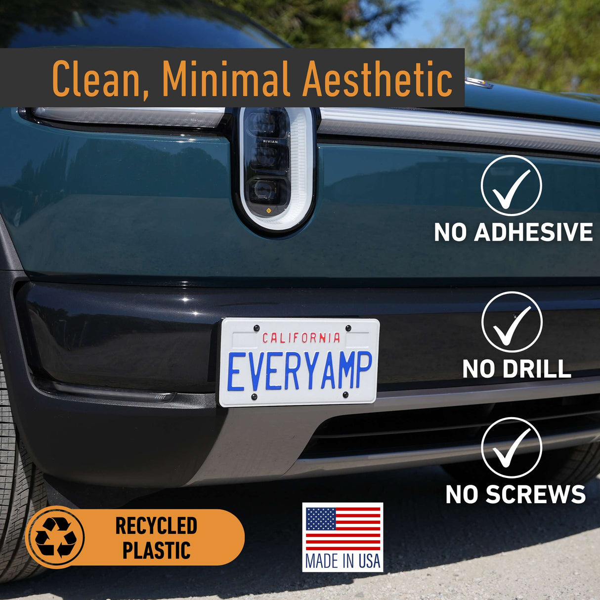 A Rivian R2 features an EveryAmp Tow Hook Front License Plate Mount—no adhesive, drilling, or screws needed. Made in the USA from recycled PETG plastic.