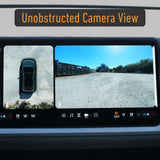 Dashboard screen shows a top-down car view and front camera of a sunlit, empty lot, with “Unobstructed Camera View” displayed—ideal for checking your EveryAmp Tow Hook Front License Plate Mount for Rivian R2 install.