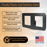 The EveryAmp Tow Hook Front License Plate Mount for Rivian R2 is made in the USA from recycled PETG plastic, ensuring eco-friendly durability. Features rectangular cutouts for safety, reduced weight, and material savings.