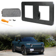The EveryAmp Tow Hook Front License Plate Mount for Rivian R2 is displayed above a green Rivian R1T electric truck with a front plate attached.