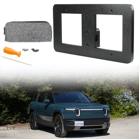 The EveryAmp Tow Hook Front License Plate Mount for Rivian R2 is displayed above a green Rivian R1T electric truck with a front plate attached.