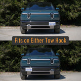 Rear view of a green SUV with text "Fits on Either Tow Hook" and two images showing an EveryAmp Tow Hook Front License Plate Mount for Rivian R2, made from durable, recycled PETG for a secure, eco-friendly mounting solution.