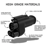 The A2Z NACS Charger to CCS1 Vehicle Adapter is a black connector with an aluminum latch, temp sensors, silver-plated contacts, insulation, and flame-retardant casing—perfect for Tesla Supercharger or DC fast charging use.