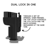 The A2Z NACS Charger to CCS1 Vehicle Adapter, shown in black with labeled parts, demonstrates how pressing the top latch controls both the CCS and NACS locking mechanisms for seamless DC fast charging.