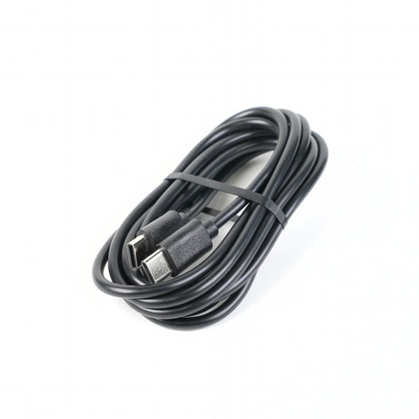 Black USB cable coiled on a white background