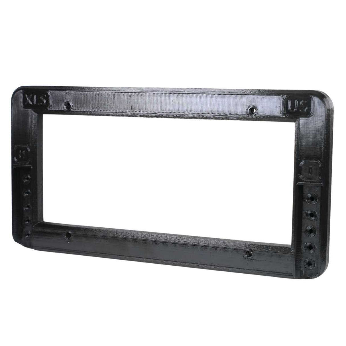 The EveryAmp SnapPlate+ XLS Plate Mount - USA/CAN/MEX is a black, strength-optimized plastic mount with multiple screw holes on the top and bottom edges for rectangular license plates.