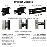 The Infinity Shield’s Full-Coverage Garage Door Sensors feature short, standard, and long adjustable brackets with matching optic sensors, each suited for different distances and recommended garage door opener scenarios.