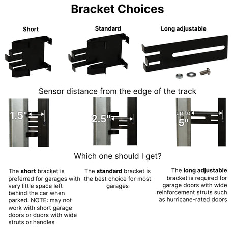 Comparison of The Infinity Shield Brackets—short, standard, and long—from The Infinity Shield, showing sensor mounting distances and recommended uses for each type below.