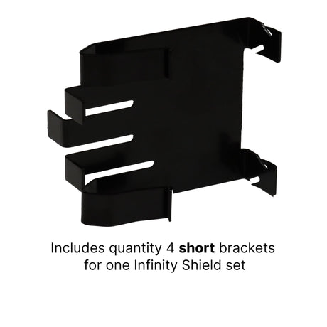 The Infinity Shield Brackets by The Infinity Shield include 4 black metal brackets, each with three slots and four attachment points—perfect for mounting one Infinity Shield set and securing your garage door sensor.