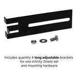 The Infinity Shield Brackets by The Infinity Shield include 4 long adjustable black brackets plus mounting hardware (nut, washer, screw) for one Infinity Shield set and garage door sensor installation.