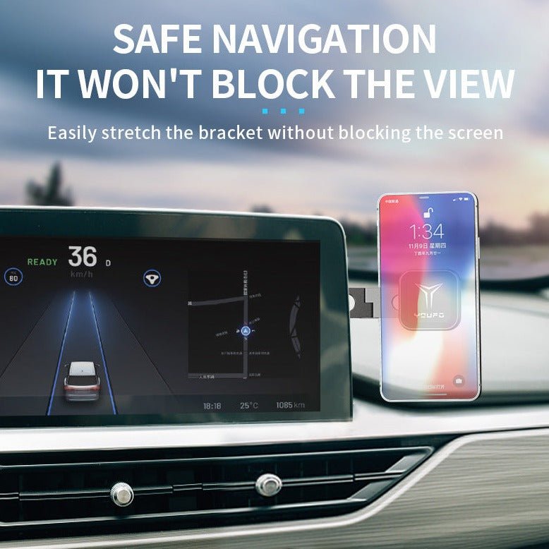 The Tesery Official Store Center Screen Magnetic Phone Holder for Model 3/Y/S/X/Cybertruck mounts beside the navigation screen without blocking your view.