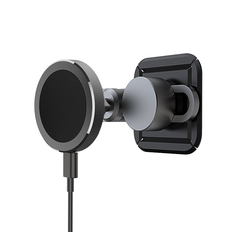 A Center Screen Magnetic Phone Holder for Model 3/Y/S/X/Cybertruck by Tesery Official Store in black and silver is wall-mounted with a magnetic charger and bottom-attached cable.