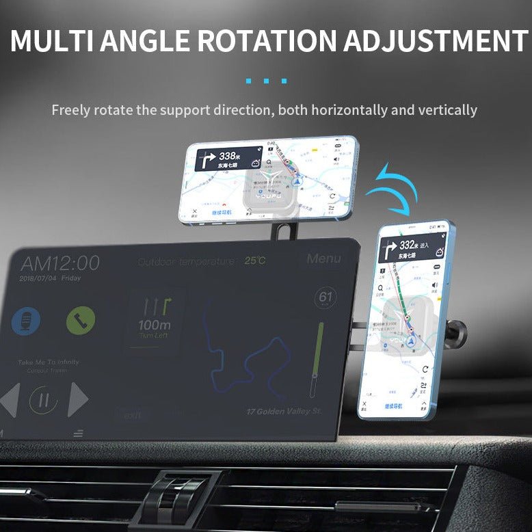 The Tesery Official Store’s Center Screen Magnetic Phone Holder for Model 3/Y/S/X/Cybertruck displays smartphones horizontally or vertically for maps and info, featuring MULTI ANGLE ROTATION ADJUSTMENT.
