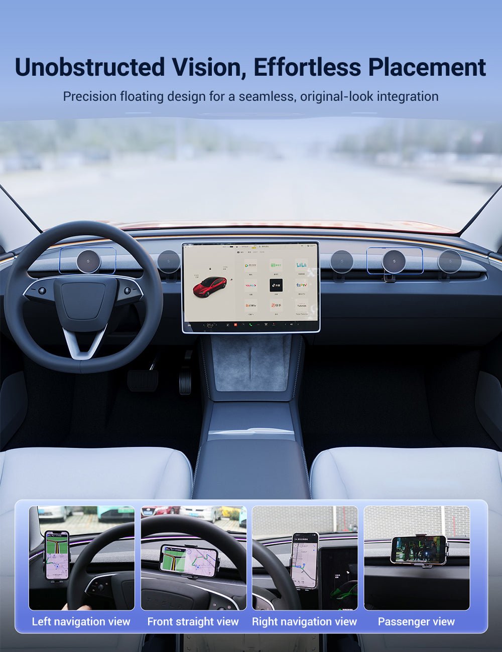 A Model 3 Highland/Model Y Juniper interior equipped with the Tesery Official Store Flexible Phone Holder. A central touchscreen displays navigation, while four images show the phone holder mounted at left, front, right, and passenger sides.