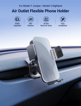 The Tesery Official Store Flexible Phone Holder for Model 3 Highland & Model Y Juniper attaches to your car’s air vent, offers 360° rotation, and is easy to install.
