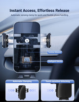 The Tesery Official Store's Flexible Phone Holder for Model 3 Highland & Model Y Juniper features automatic clamping, touch-sensitive unlocking, turbine motors, an AI chip, and intelligent sensors for enhanced convenience.