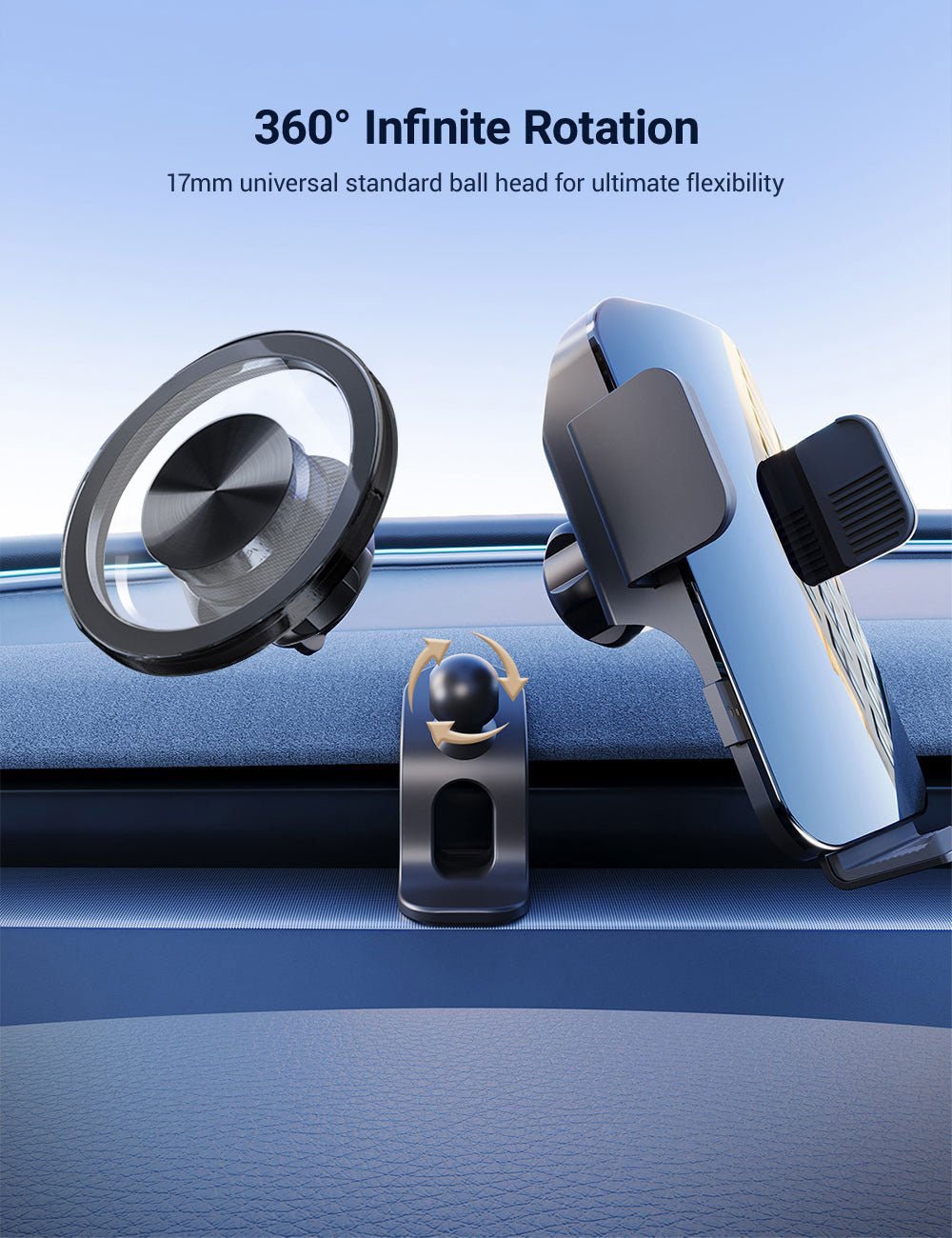 The Tesery Official Store Flexible Phone Holder for Model 3 Highland & Model Y Juniper is shown mounted on a car dashboard, featuring a 360-degree rotating ball head and holding a smartphone horizontally.