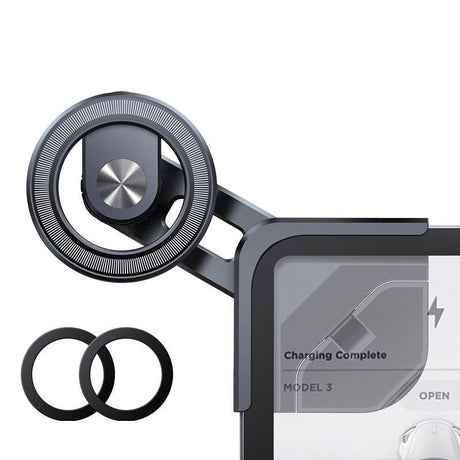 The Tesery Official Store Floating Car MagSafe Mount for Model 3/Y attaches to your tablet's corner, includes two black magnetic rings, and is perfect as a floating screen car mount or Tesla Model 3/Y hands-free phone holder.