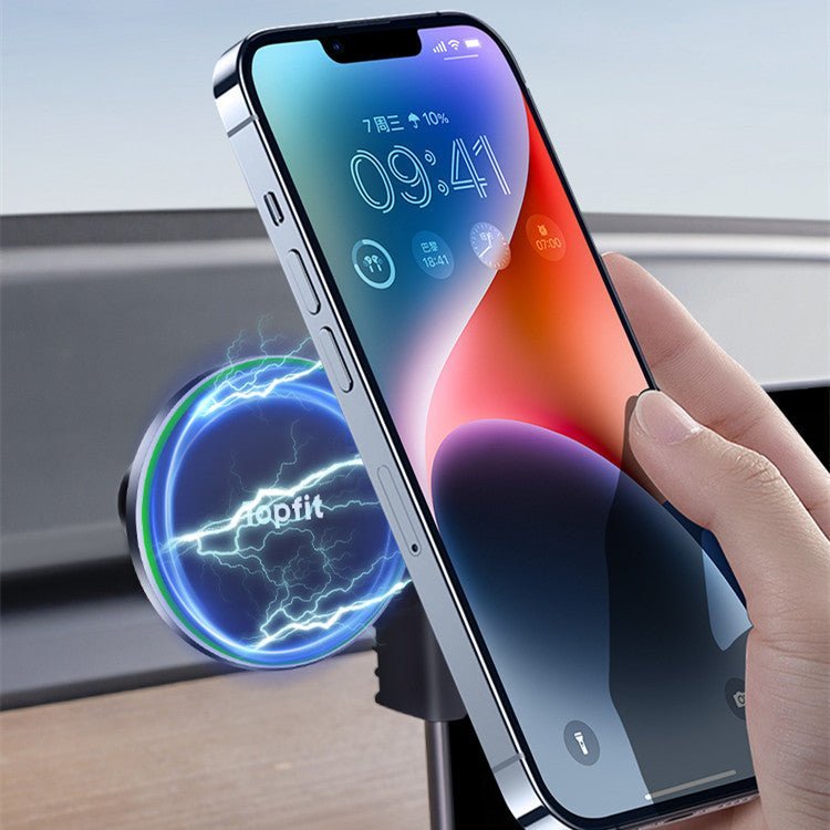 A hand holds a smartphone near the Tesery Official Store Magnetic Wireless Charging Phone Holder for Model 3 Highland and Model Y Juniper, glowing with blue electric light—an ideal Tesla accessory.