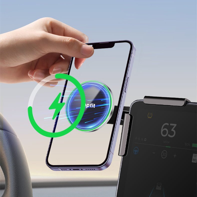 A hand places a phone onto the Tesery Official Store Magnetic Wireless Charging Phone Holder for Model 3 Highland and Model Y Juniper, with a digital charging icon—an essential in-car accessory for effortless wireless power.