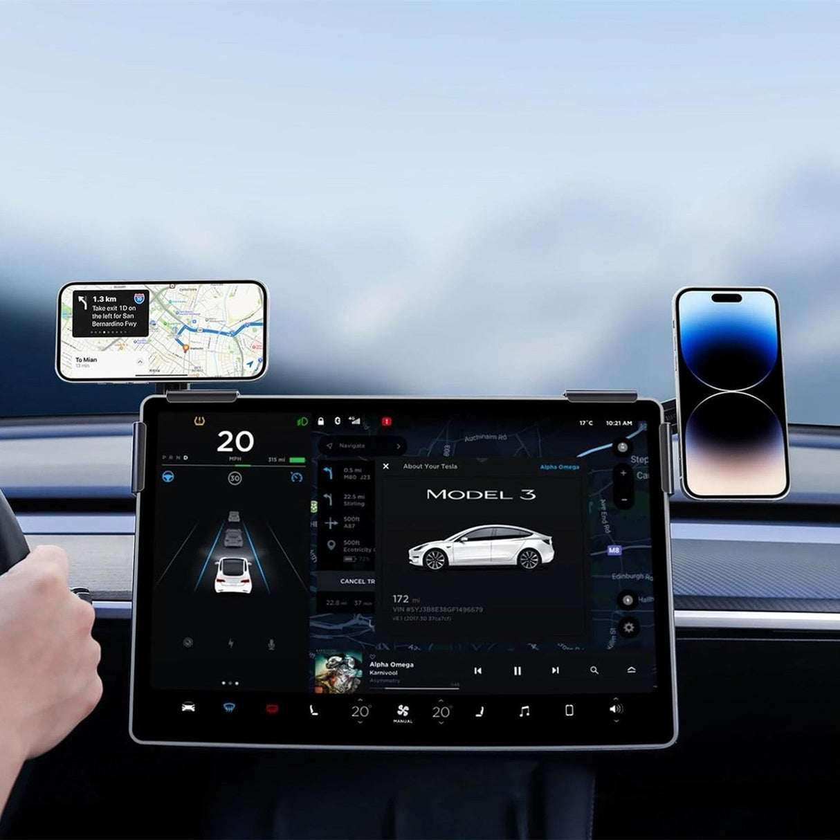 A driver holds the wheel of a car with a large central display showing navigation, while two smartphones are mounted on either side in Tesery's Magnetic Wireless Charging Phone Holders for Model 3 Highland and Model Y Juniper.