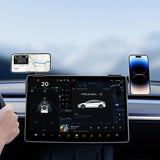 A driver holds the wheel of a car with a large central display showing navigation, while two smartphones are mounted on either side in Tesery's Magnetic Wireless Charging Phone Holders for Model 3 Highland and Model Y Juniper.
