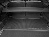 Black and white photo of an empty Rivian R1S trunk (2022-2026) with folded rear seats, retractable cargo cover, and the LinerX Cargo Liner by LinerX—an essential accessory for all-weather protection.