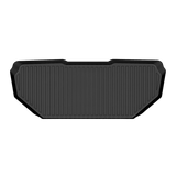 The black LinerX Front Cargo Liner for 2022-2024 Rivian R1S/R1T features raised edges and vertical grooves for enhanced protection, displayed on a plain white background.
