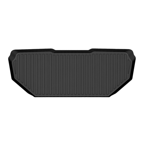 The black LinerX Front Cargo Liner for 2022-2024 Rivian R1S/R1T features raised edges and vertical grooves for enhanced protection, displayed on a plain white background.