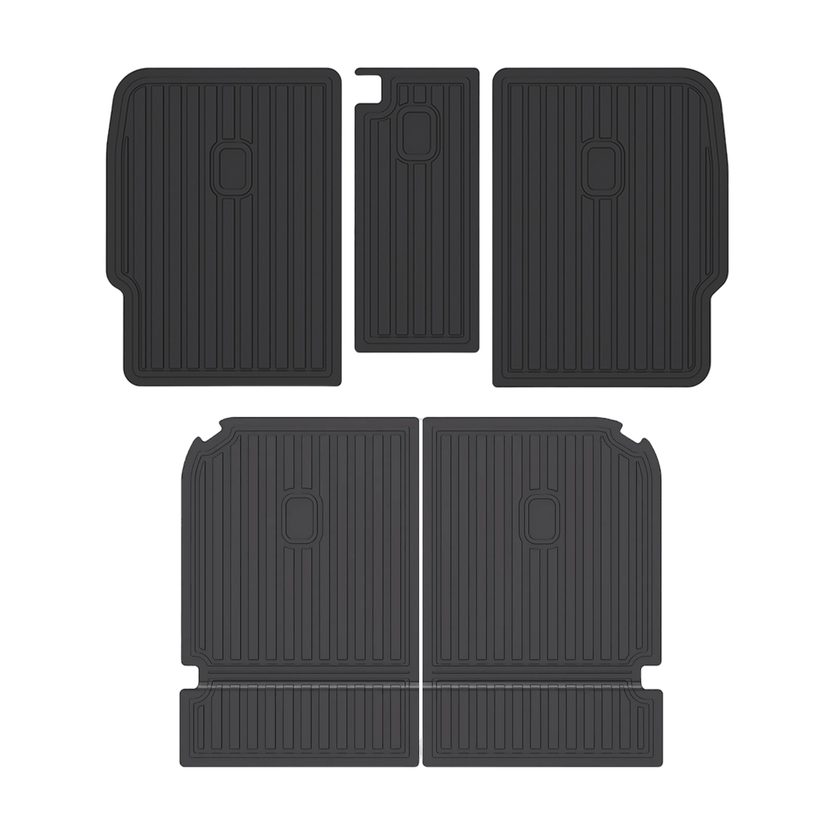 Four black, rectangular LinerX Seat Back Cover Mats for 2022-2026 Rivian R1S, featuring ribbed surfaces and made of thermoplastic, are arranged in two rows on a plain background.