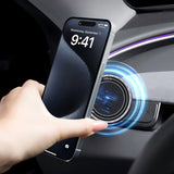 A hand holds a smartphone near the Tesery Magnetic Dashboard Phone Mount for Model 3 Highland/Model Y Juniper, with blue charging lights inside a car, highlighting the convenience of this mount from Tesery Official Store.