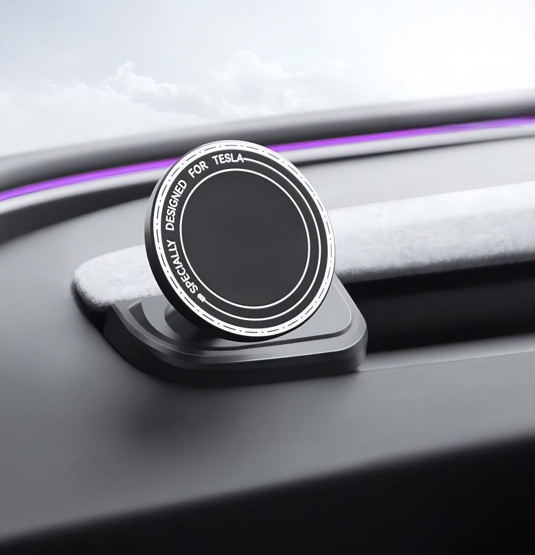The Tesery Official Store Magnetic Dashboard Phone Mount for Model 3 Highland/Model Y Juniper is attached to a dashboard with a purple ambient light strip, making it an ideal Tesla Model 3 phone holder.