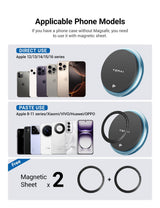 Infographic displaying compatible phones for Tesery MagSafe Phone Mount (Model Y/3), including Apple, Xiaomi, VIVO, Huawei & OPPO; magnetic sheets provided for non-MagSafe devices.