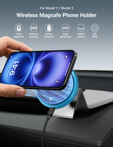 A hand places a smartphone onto the Tesery Official Store MagSafe Phone Mount for Model Y and Model 3, which is attached to the car dashboard; icons and text above highlight compatibility and key features.