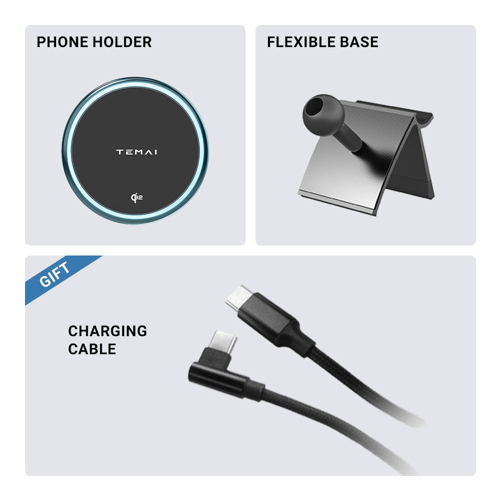 The Tesery Official Store MagSafe Phone Mount for Model Y and Model 3 includes a round wireless holder, a flexible-based stand, and a black USB-C/USB charging cable.
