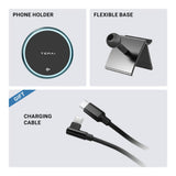 The Tesery Official Store MagSafe Phone Mount for Model Y and Model 3 includes a round wireless holder, a flexible-based stand, and a black USB-C/USB charging cable.