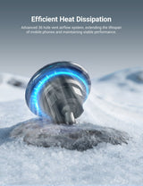 The Tesery Official Store MagSafe Phone Mount for Model Y and Model 3 is displayed on snow, featuring blue lighting and a 36-hole vent system for efficient heat dissipation.