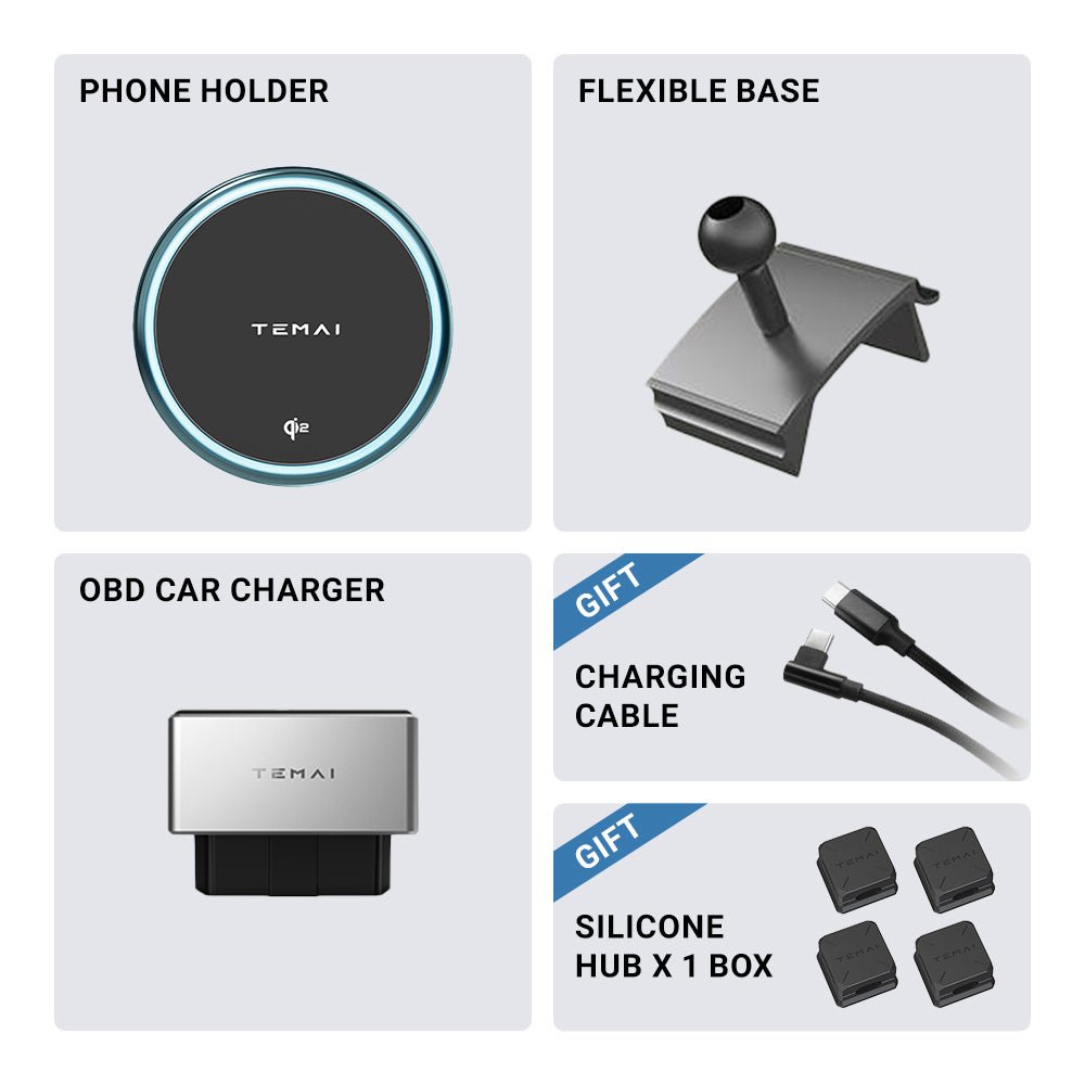 The Tesery Official Store displays its MagSafe Phone Mount for Model Y and Model 3, featuring a flexible base, OBD car charger, charging cable, and a box of silicone hub covers in four labeled sections.