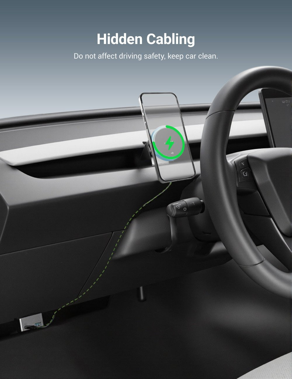 A MagSafe Phone Mount for Model Y and Model 3 from Tesery Official Store is installed on the dashboard with charging cable neatly routed; the steering wheel and display screen are both visible.