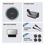 Grid layout showing the Tesery Official Store MagSafe Phone Mount for Model Y and Model 3, flexible base, OBD car charger, gift charging cable, and a box of silicone hubs, each labeled with product names.