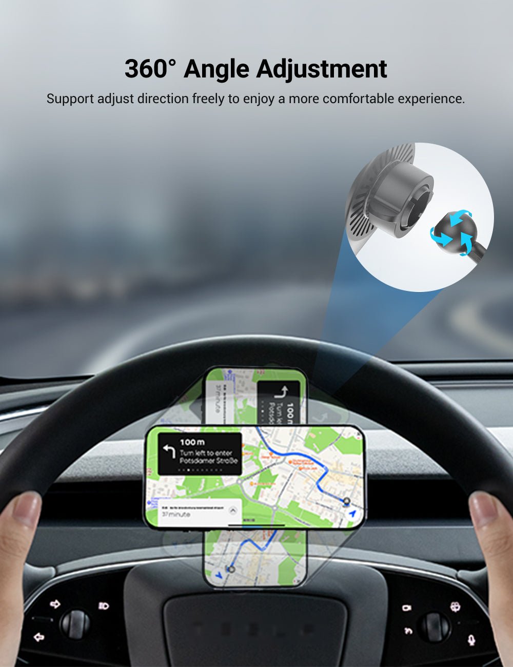 A driver holds a steering wheel with a MagSafe Phone Mount for Model Y and Model 3 by Tesery Official Store, the smartphone displaying navigation; inset highlights its 360-degree adjustable design.