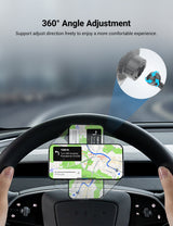 A driver holds a steering wheel with a MagSafe Phone Mount for Model Y and Model 3 by Tesery Official Store, the smartphone displaying navigation; inset highlights its 360-degree adjustable design.