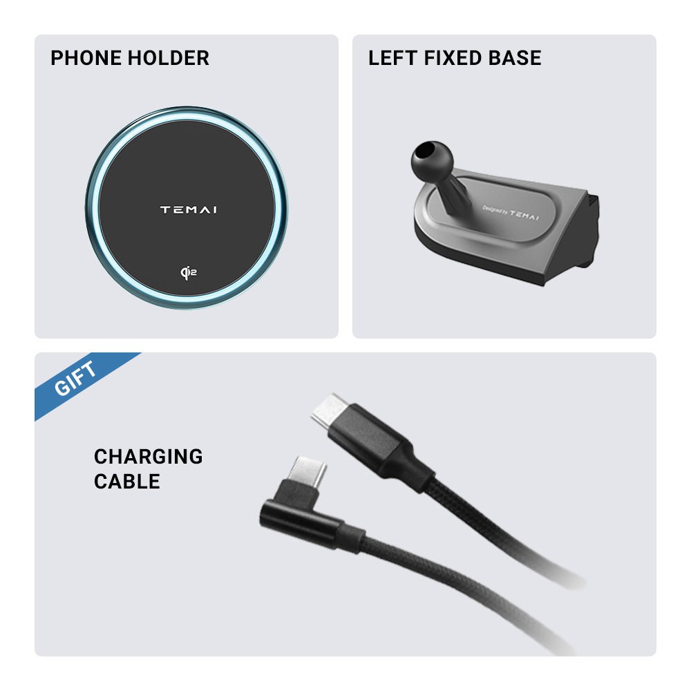 Image showing the MagSafe Phone Mount for Model Y and Model 3 by Tesery Official Store, featuring a round holder, left fixed base mount, and includes a charging cable as a gift.